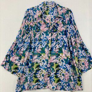 Sunny Leigh size XL Blue Pink Abstract Pleated Flare Sleeve Button Down Tunic